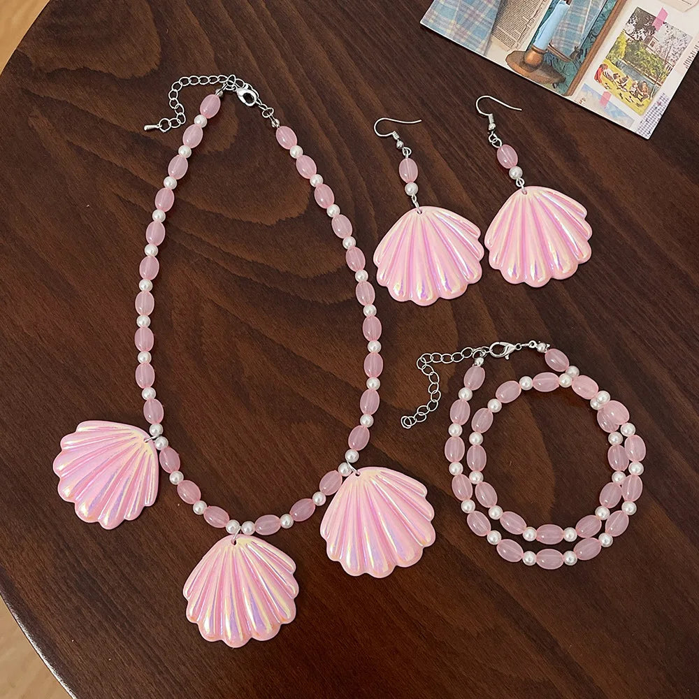 Fashion Resin Shell Drop Earrings Bracelet Girls Pink Acrylic Shell Shaped Pendant Beads Necklace Y2K Jewelry Set