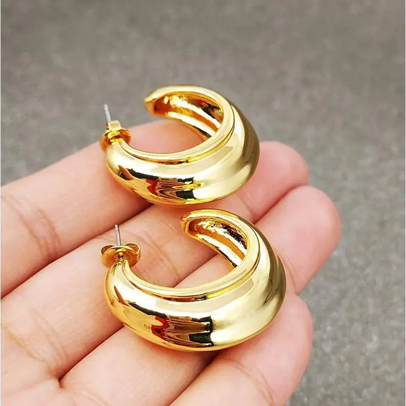 New Antique Luxury Brass Rhodium Plated Gold Plated Chunky Wide Hoop Earrings Half Circle Large Gift