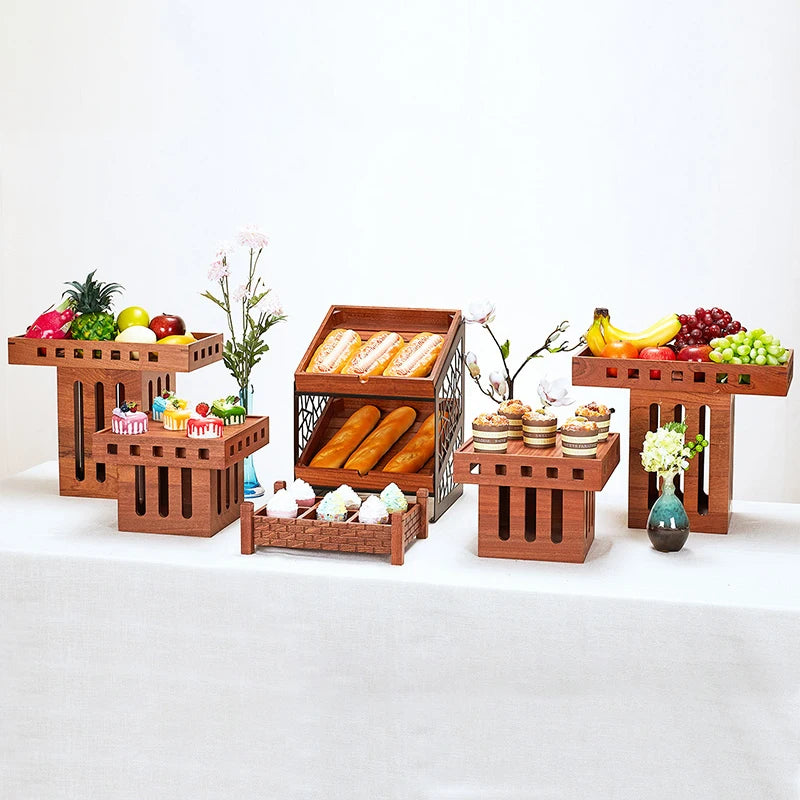 Sapele Wood Buffet Catering Food Bread Display Rack Wooden Cake Dessert Sushi Display Stand