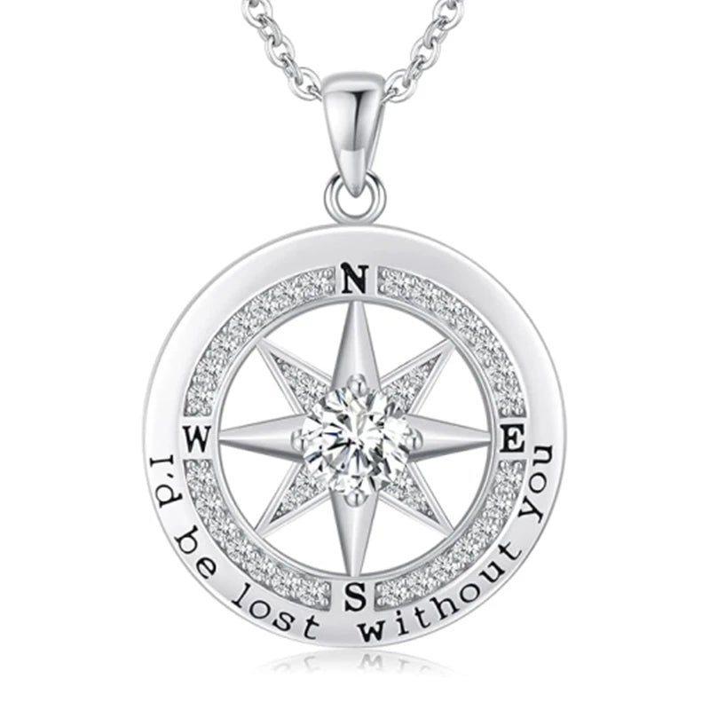 Fashion 925 Sterling Silver North Star Compass Rhodium Plated Zircon Pendant Women's Necklace-Anniversary Gift