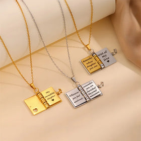 Open Close Waterproof Book Pendant Mini Couple Love Book Locket Necklace Wholesale Jewelry Stainless Steel Necklace