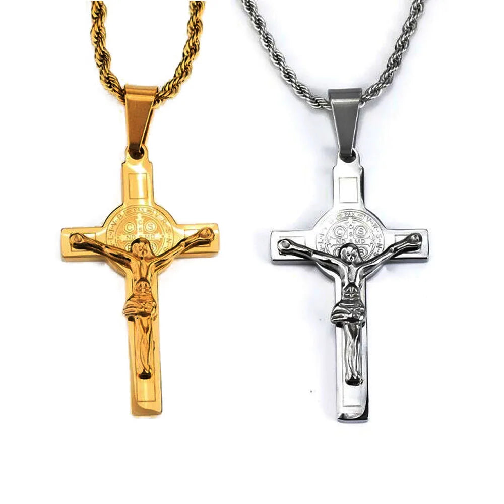 55mm Stainless Steel 18k Gold Plated Cross Necklace Religious Jesus Saint Benedict Cross Crucifix Pendant Necklace for Men