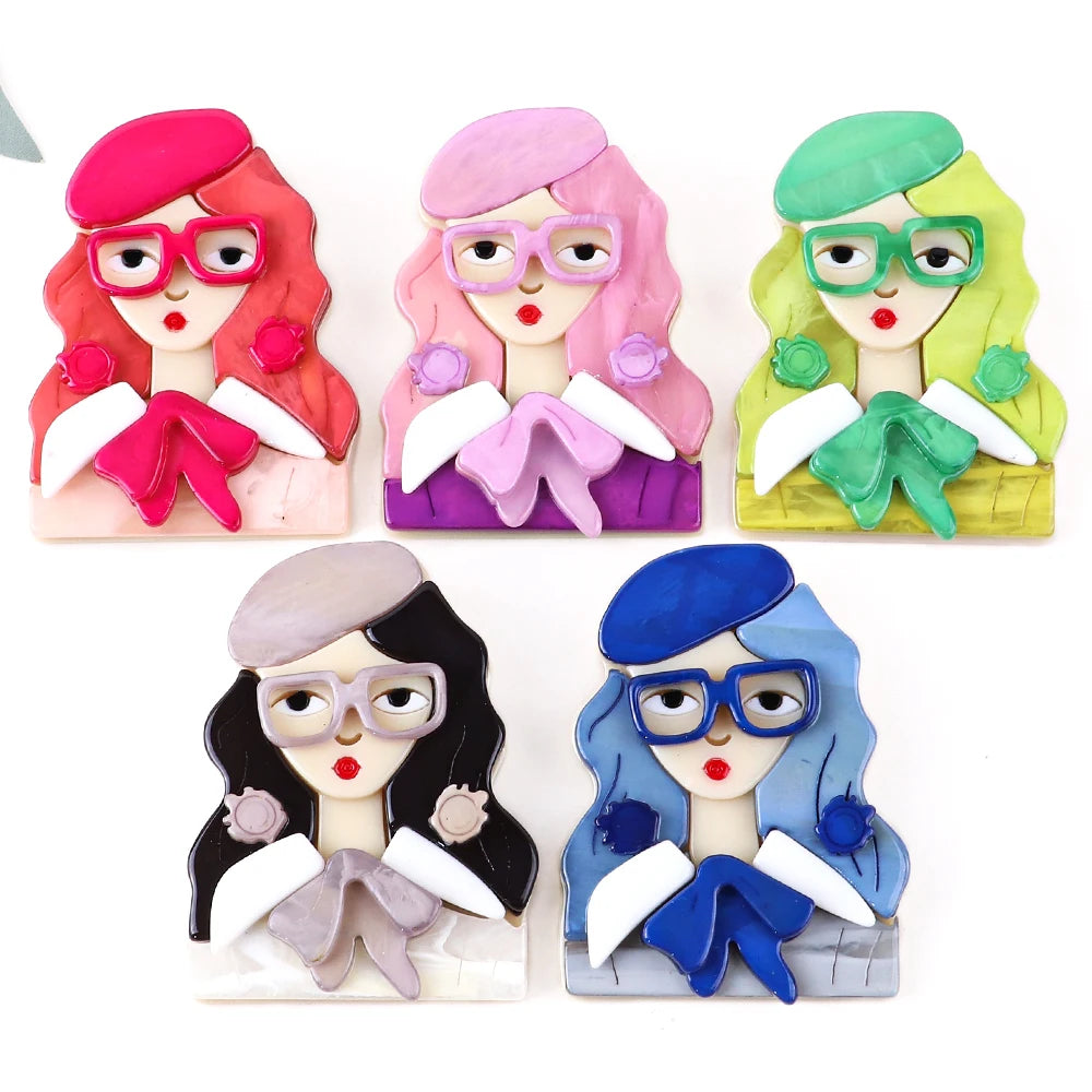 Wholesale Office White-collar Lawyer Cartoon Student Cute Teacher Colorful Glasses Bow Tie Long Hair Beauty Acrylic Brooch Pins
