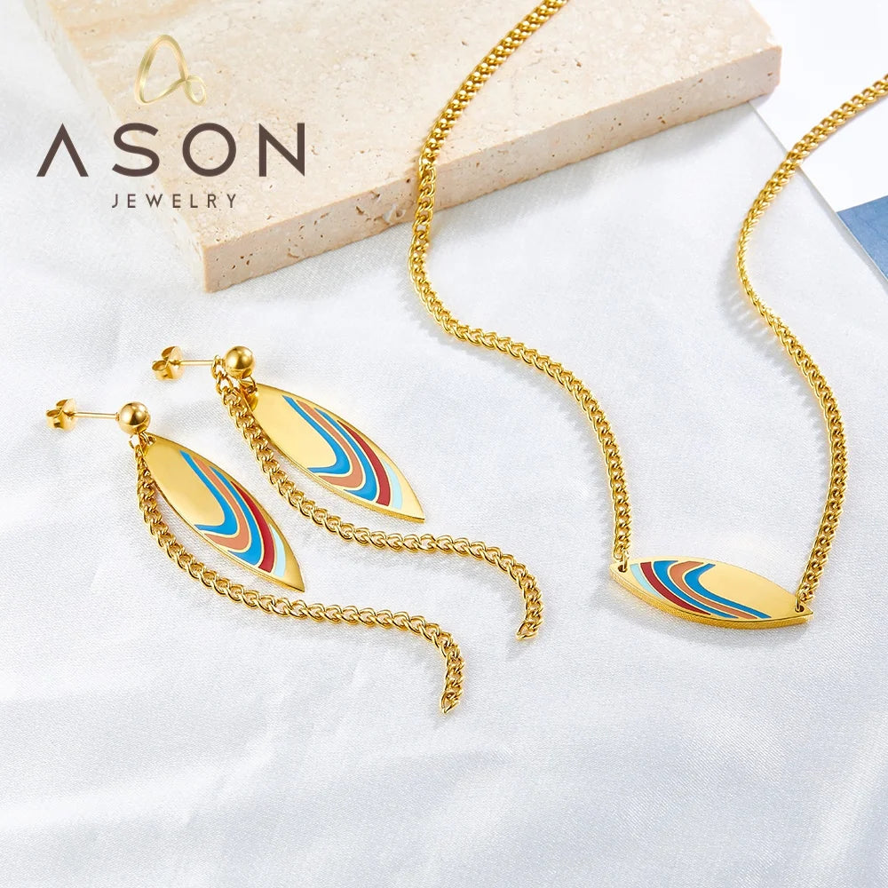 Ason New Fashion 2023 Stainless Steel Jewelry Set Wholesale Leaf Shape Necklace Earrings Jewelry Set for Women