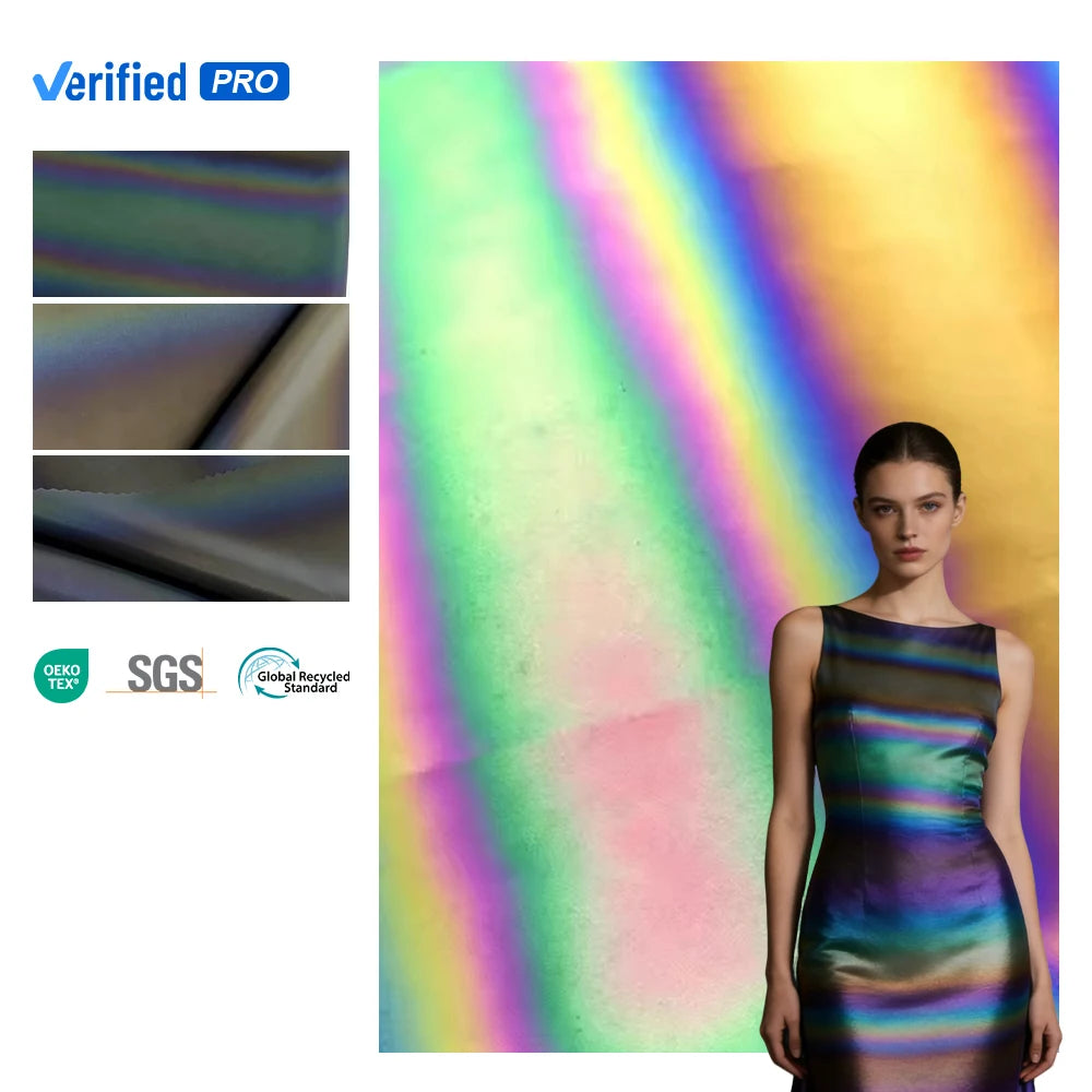 Black Rainbow Stretch Reflective Spandex Fabric for Clothing Waterproof PU Material for Gloves Dresses and Garments