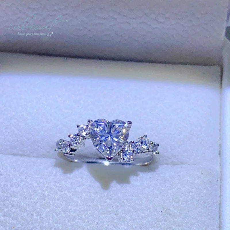 Silver 925 Original Brilliant Cut 1 Carat Diamond Test Past D Color Heart Moissanite Wedding Ring for Valentine's Day Gifts