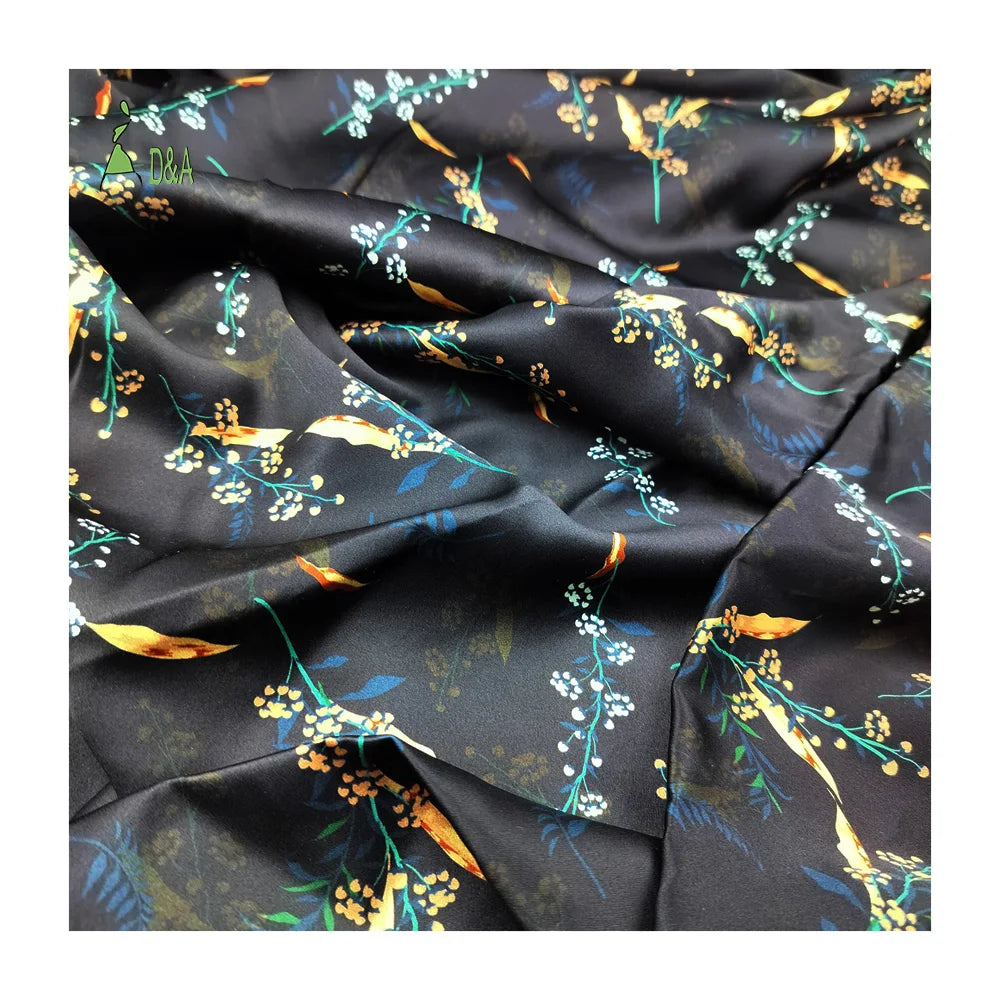 22M/M Glossy Black Floral Design Satin Fabric 100% Silk Custom Printed for Garment Use for Costumes