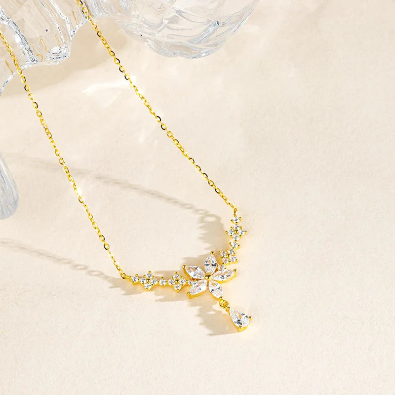 925 Sterling Silver V-neck Women's Necklace Exquisite Small Flower Zircon Water Drop Pendant High-end Luxurious Elegant Jewelry