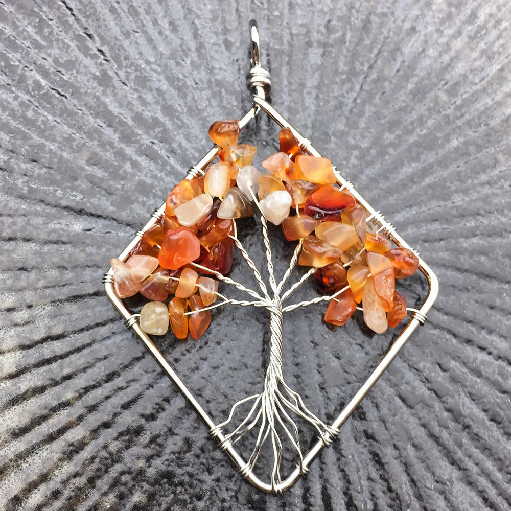 HZ Factory Directly Wholesale Natural Carnelian Chips Tree of Life Necklace Leather Chain Tree Pendant Palm Tree Necklace