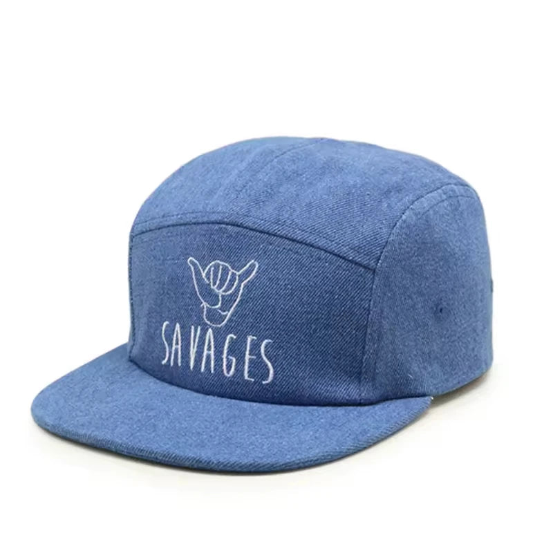 Customised Design 5 Panel Hats Embroidery Logo Men Women Hip Hop Denim Camp Cap
