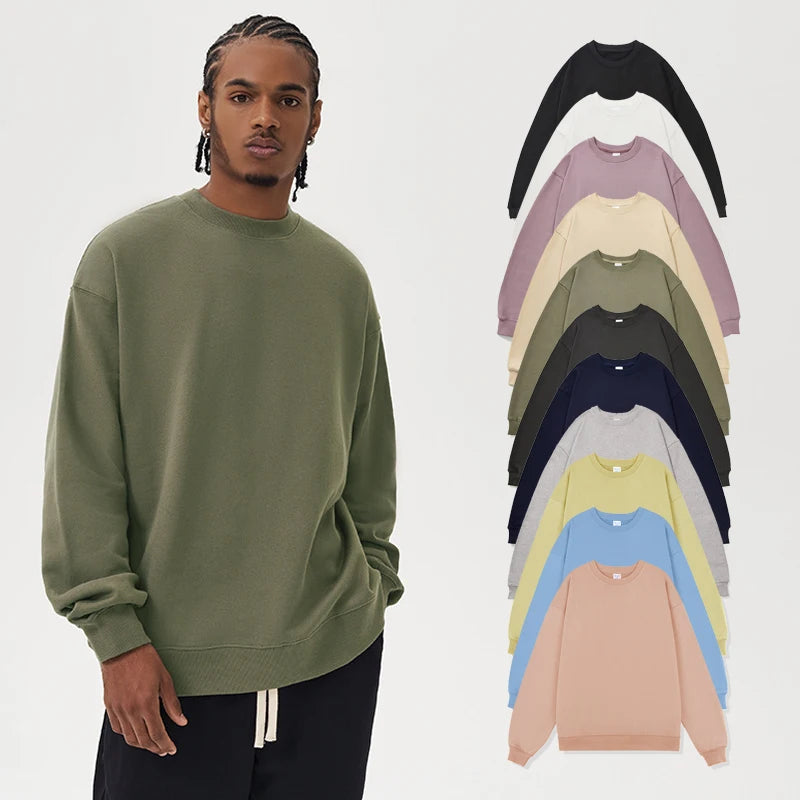 Unisex 380G Quality French Terry Cotton Sweat Shirts Without Hood Custom Logo Modest Oversized Pullover Sweatshirts