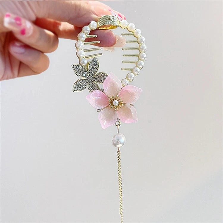Rhinestone Peach Flower Ponytail Barrette for Women Crown Hairpin on the Back of the Head Crystal Rhinestone Hair Claw