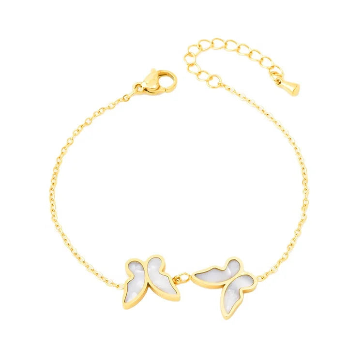 Fashion Classic White Fritillary Stainless Steel 18K Gold Plated Double Butterfly Pendant Women Luxury Friendship Bracelet