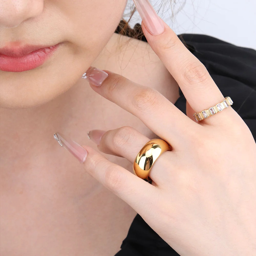 Chris April in Stock Fashion Jewelry 316L Stainless Steel PVD Gold Plated Minimalist Glossy Wide Band Ring MegaBDM