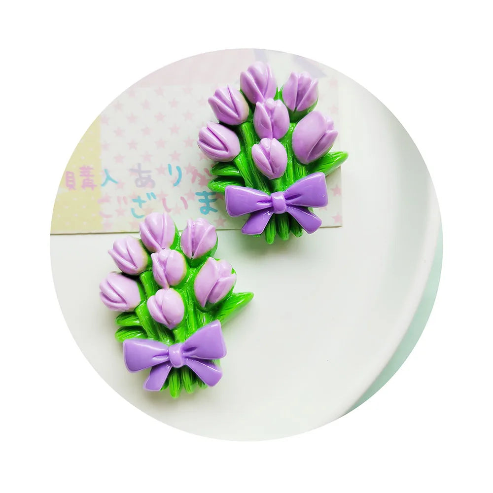 100pcs Kawaii Flatback Resin Flower Bouquet Accessories Decorative Craft Flowers Tulip Cabochons Crafts Scrapbook DIY Hair Bows