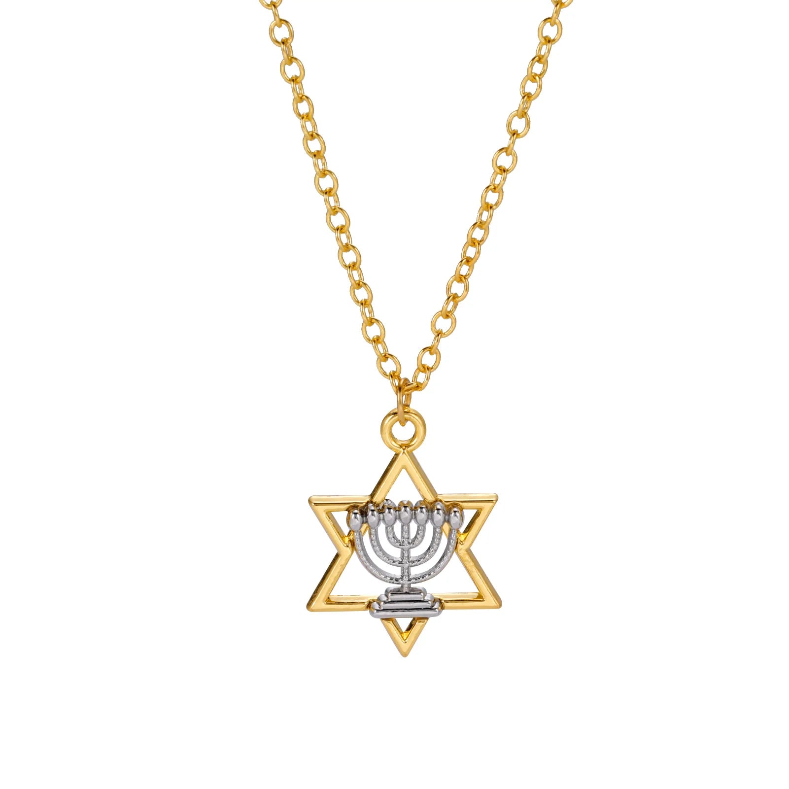 Unisex Stainless Steel Star David Menorah Pendant Necklace Trendy Religious Hebrew Israel Faith Lamp Hanukkah Menorah Jewelry
