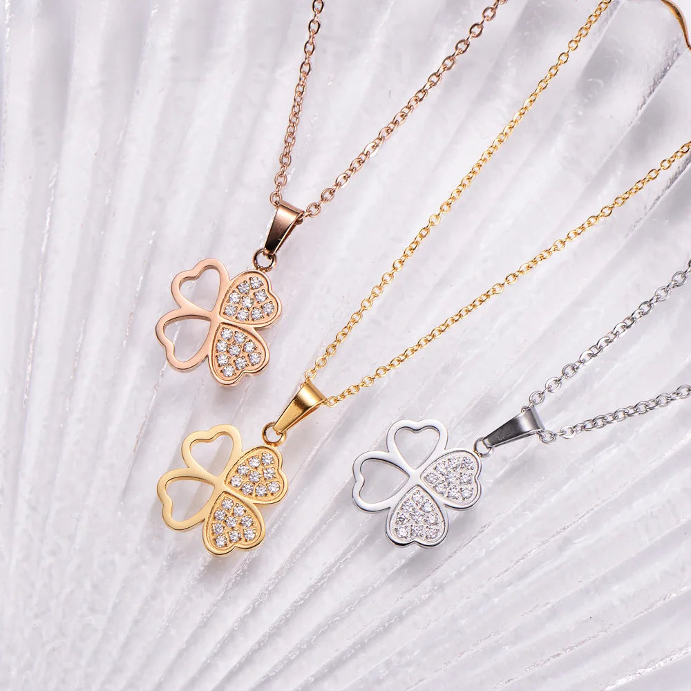 Novel Design Wholesale Price Personalized Lucky Zircon Stainless Steel 18k Gold Plated Pendant 4 Four Leaf Clover Necklace