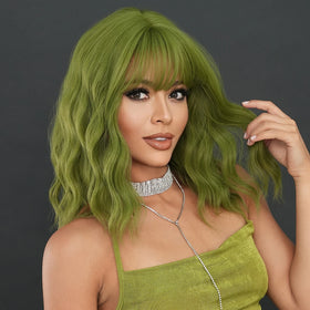 Green Wavy Wig with Bangs Women's Short Bob Curly Shoulder Length Wigs Synthetic Textured Costume Party Cosplay Wig 18 Inch