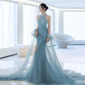 Classic Halter Beaded Mermaid Evening Dresses Blue Trumpet Party Gowns with Embroidery Flowers Plus Size Sleeveless Court Train