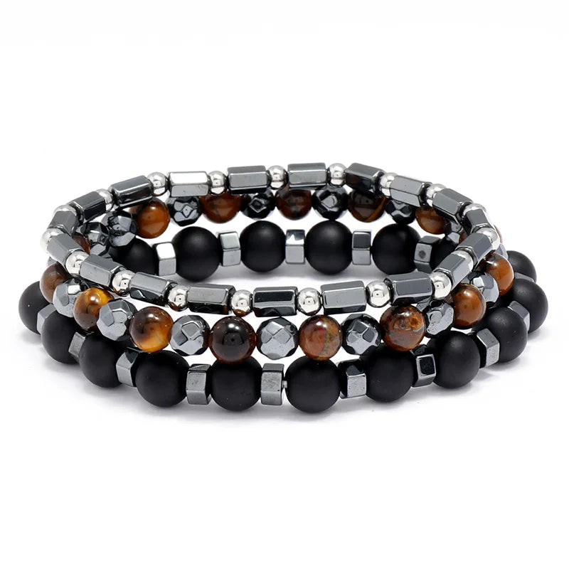 Punk Rock Style Men's 3-Piece Bracelet Set Nature Stone Hematite Beads Fashion Bangles