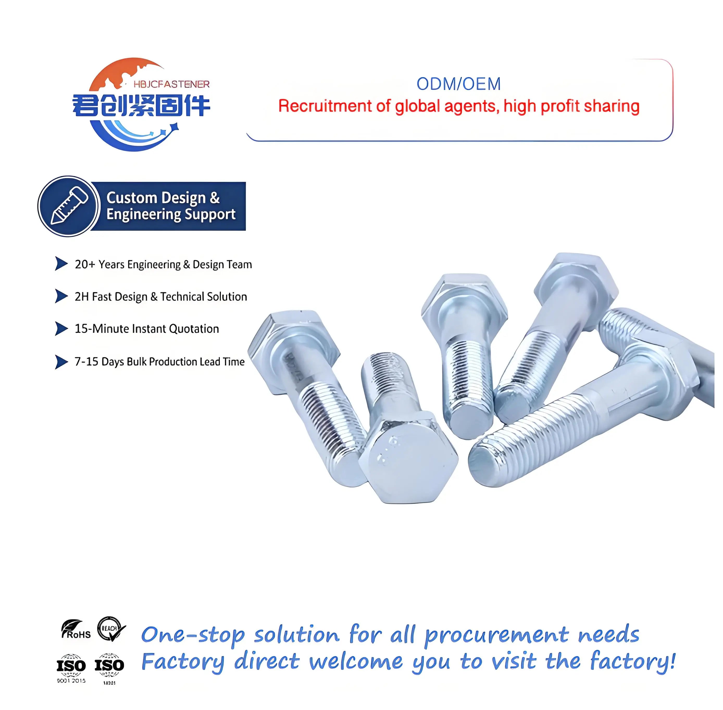 Grade 8.8 Blue White Zinc DIN931/DIN933 Steel Hexagonal Head Bolt External Galvanized M6-M42 2 Nuts