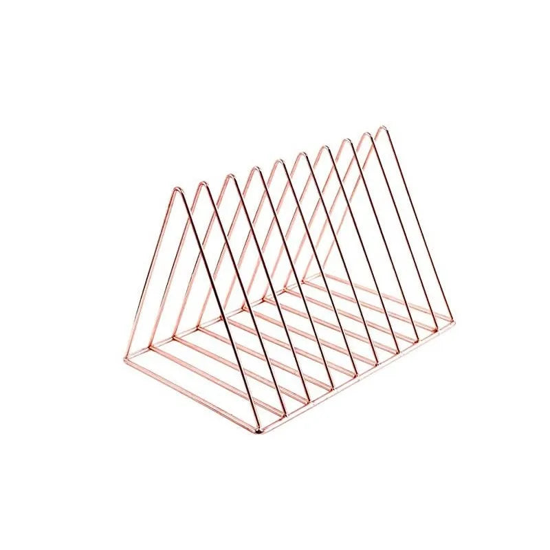 Hot Sale Wholesale Best Quality Rose Gold Metal Iron Wire 9 Slot Triangle Shape Desktop Magazine File Holder