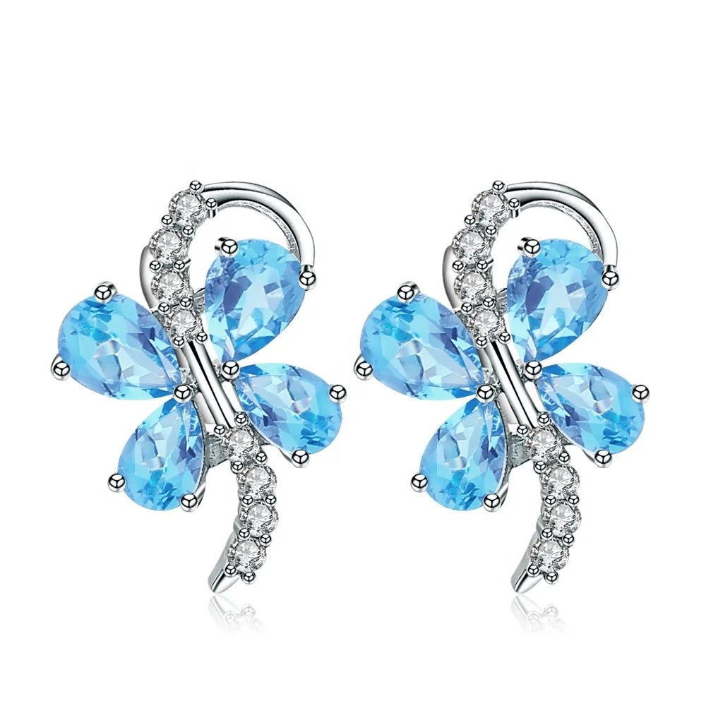 Abiding Natural Swiss Blue Topaz Butterfly 925 Sterling Silver Clip Earrings for Women Wedding Jewelry