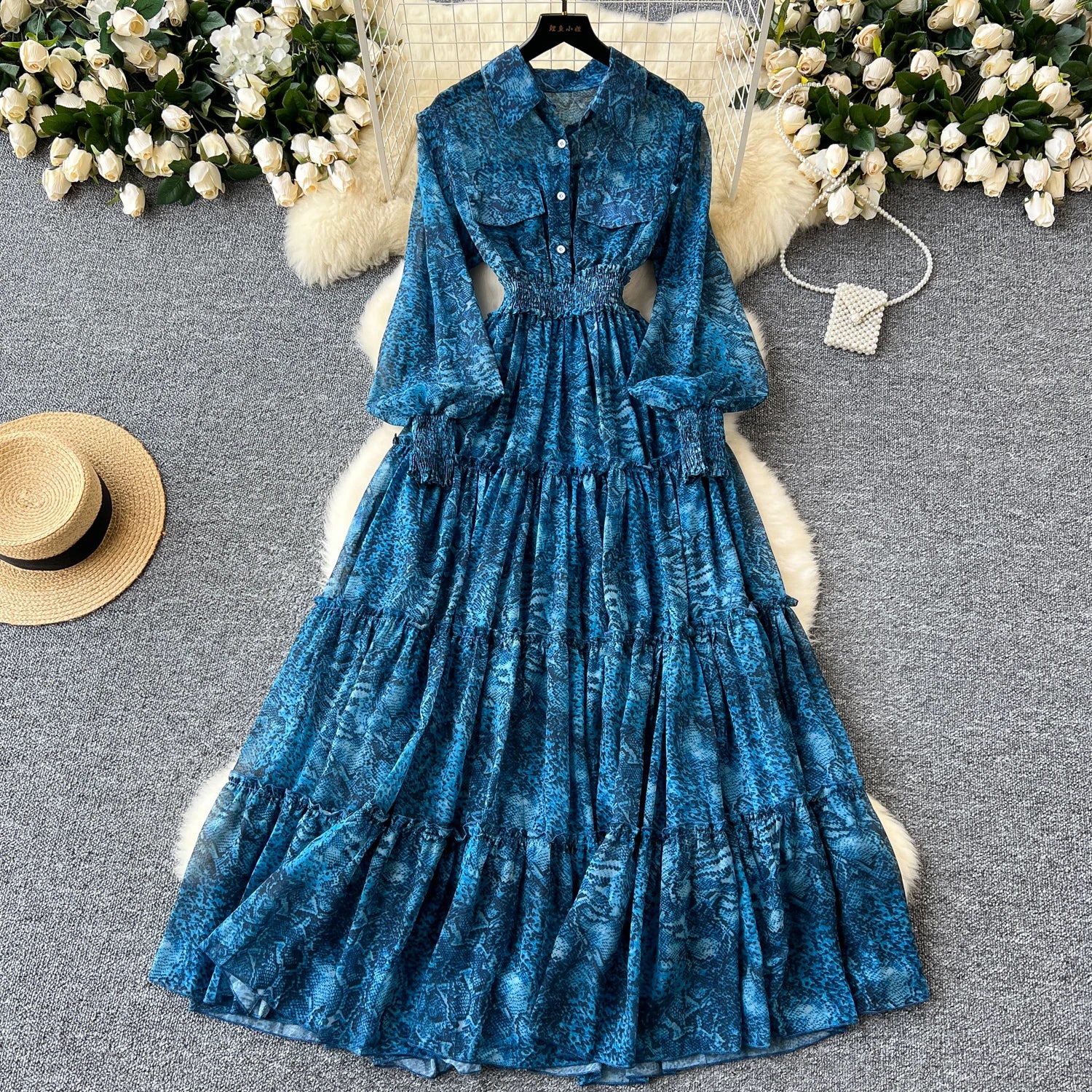 Wholesale 2024 Autumn Print Ruffles  Pleated Dress Women's Slim Dresses