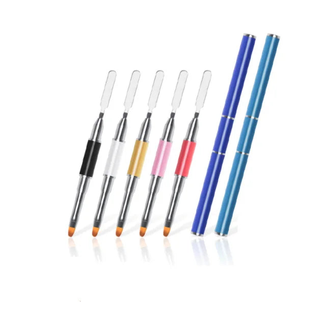 Wholesale Double Head Metal Handle Nail Art Brush Wtih Nail Pusher Two-Way Brush