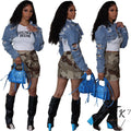 2023 Think Women's Cropped Jean Jacket Long Sleeve Button Casual Outwear Cotton Filling Tassel Decoration Y2K Ripped Denim Style