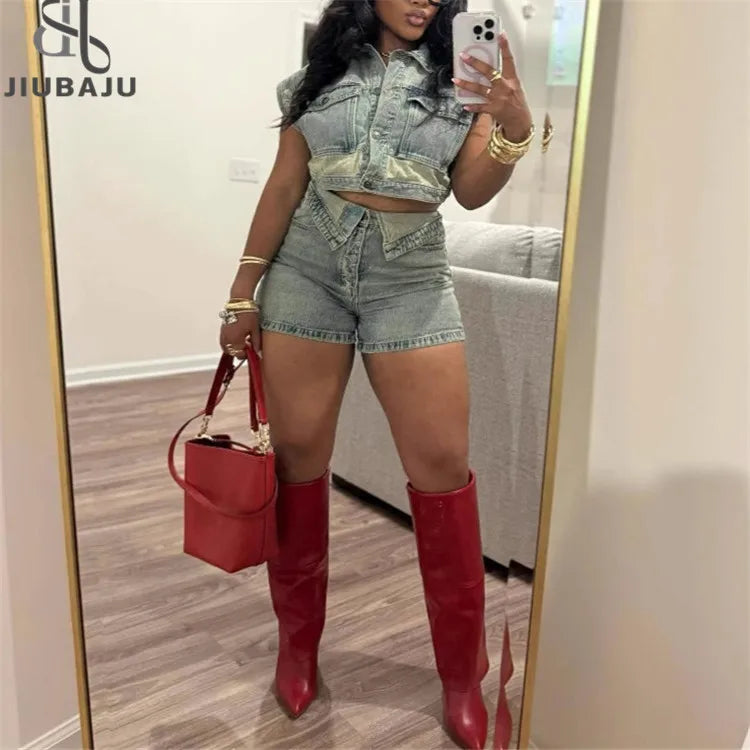 Blue Fashion Stretch Denim Two Piece Sets Women Sleeveless Backless Crop Top and Jean Shorts Outfit