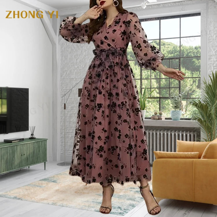 Clothing Factory Custom Trendy Product Evening Dress V Neck Floral Mesh Belt Front Casual Dress for Women