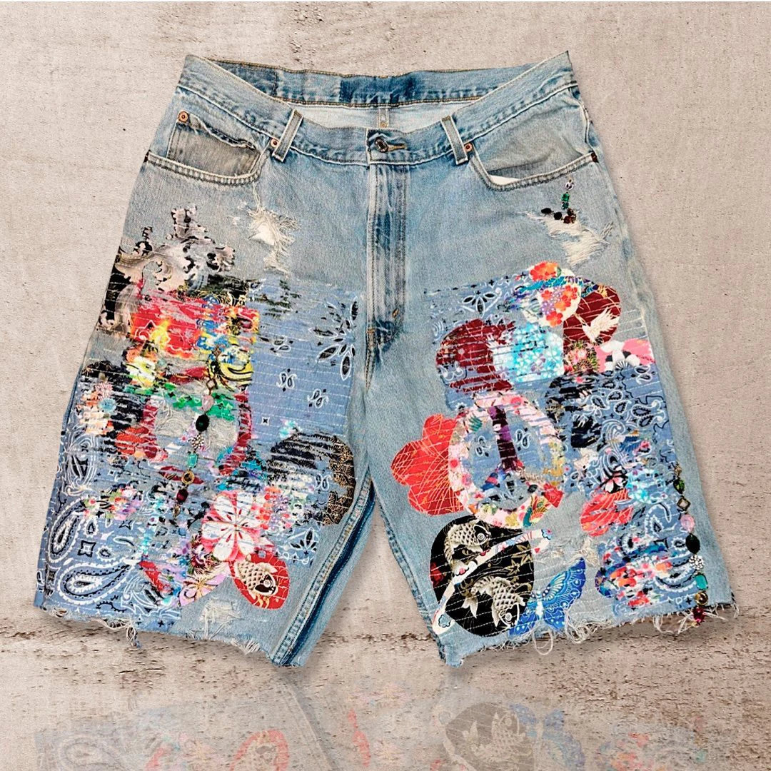 US Free Tax Customize Distressing Hem Washed Denim Jorts Stone Faded Applique Patch Embroidery Denim Shorts for Men