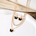 New Customize Fashion Gold Jewelry Set White Black butterfly Pendant Necklace Stud Hoop Earrings Set for Women Chain
