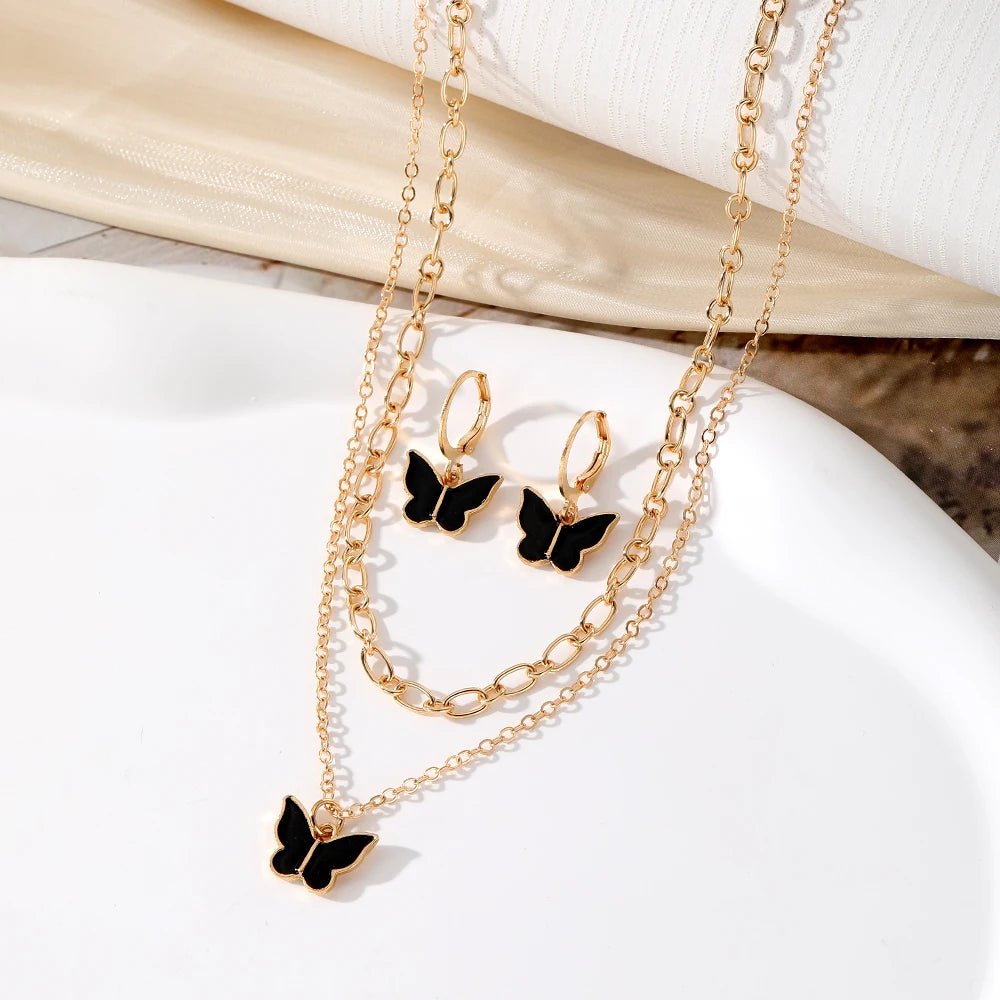 New Customize Fashion Gold Jewelry Set White Black butterfly Pendant Necklace Stud Hoop Earrings Set for Women Chain