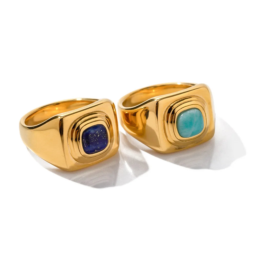 Fashion Jewelry Anillos Para Mujeres Turquoise Ring PVD 18K Gold Plated Stainless Steel Gemstone Rings
