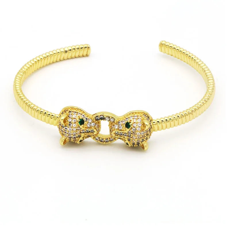 Hot Sell Women's Fashion Leopard Head 18K Real Gold Plated Micro Paved Zircon Bracelet Opening Adjustable Bangle