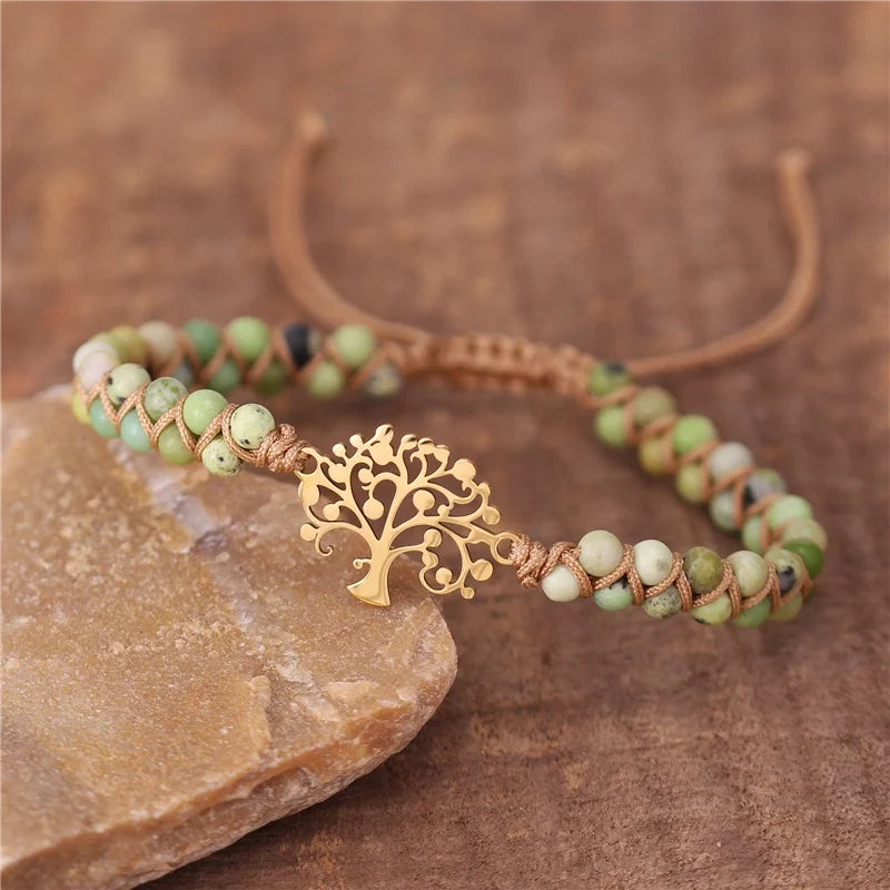 Adjustable Boho 18 Gold Stainless Steel Tree of Life Charm Gemstone Beaded Macrame Bracelet Gypsy Women Yoga Jewelry Wholesale