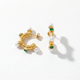 QIAOREN 12509 Elegant Quiet Luxury Molten Pearl Emerald Green Zircon Hoops Stainless Steel Vintage Statement