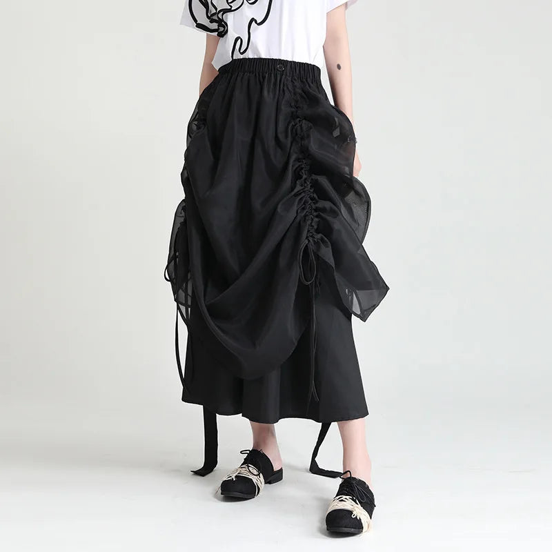 New Arrival 2024 Summer New Mid Length Skirt Lace up Design White Black Fairy Style Pleated Half Skirt for Women