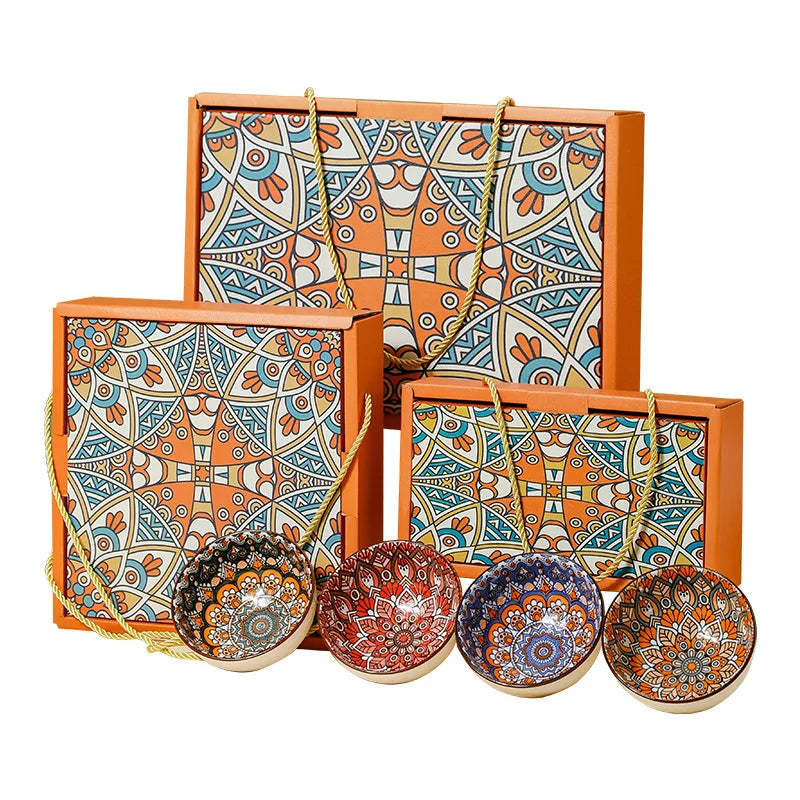 4pcs Set Bohemian Design Southern European Gift Box Microwaveable Ceramic Bowl Gift Set Family Party Tableware Gift