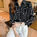 Fashion Women Black and White Wavy Striped Chiffon Blouse Fall Clothing Female Official Blouse for Ladies