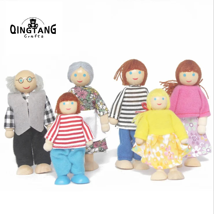 QINGTANG Montessori Role Play Game for Kids Wooden Doll House Family Set