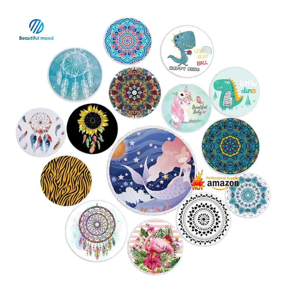 European and American Floral Pattern Microfiber round Fringed Beach Towel for Home Use