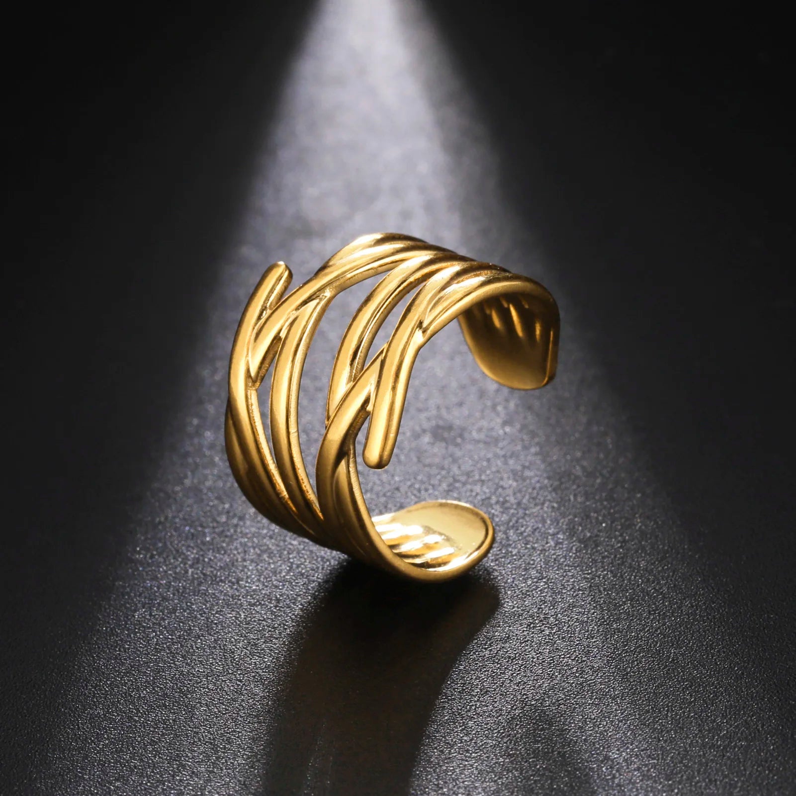 Myshape Irregular Multi-layer Lines Cross Ring Stainless Steel Gold Color Wide Open Finger Rings Jewelry Valentine Gift for Wome