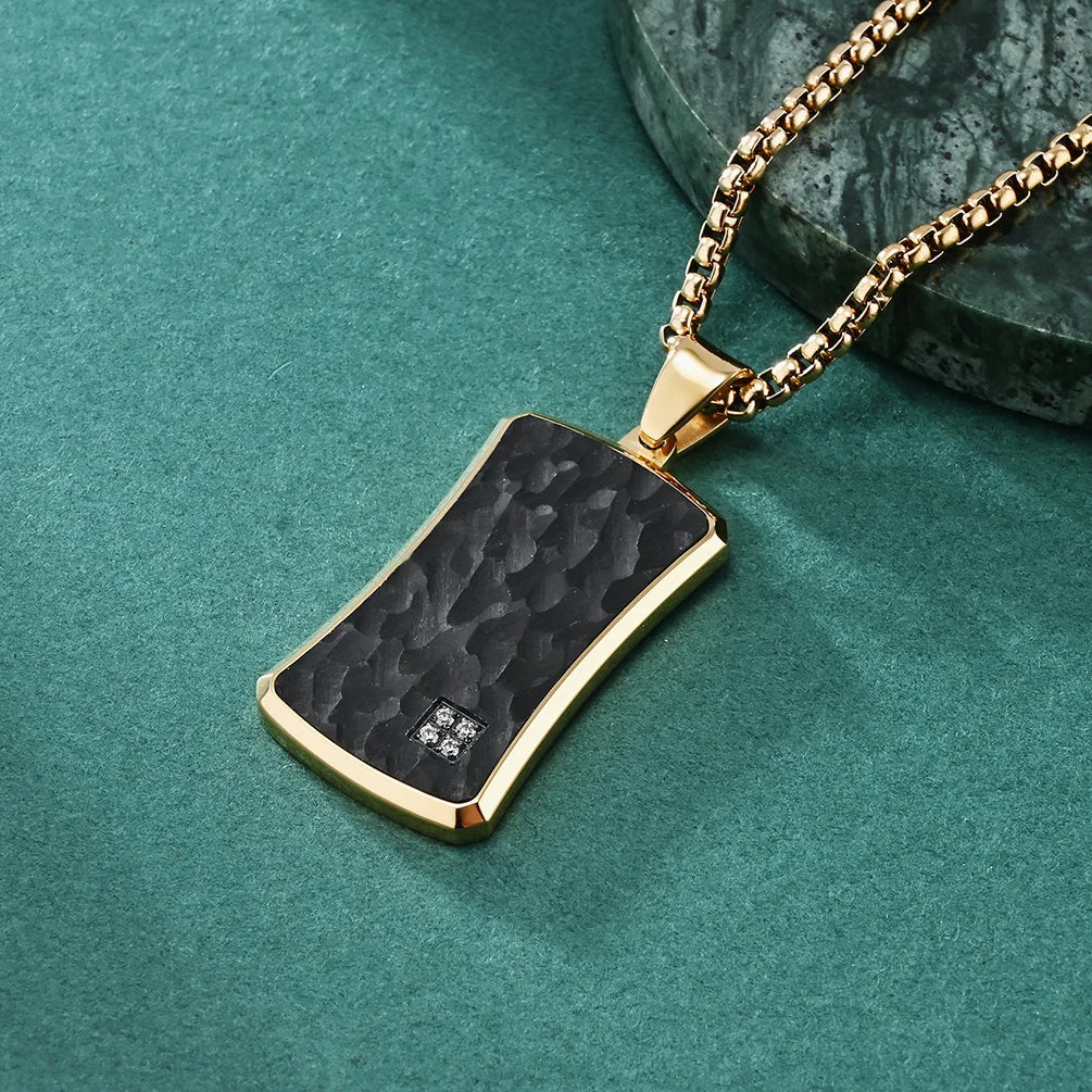 Unique Gold Black Plated Stainless Steel Square Pendant Necklaces with Link Chain Irregularity Hammered Pattern Unisex Jewelry