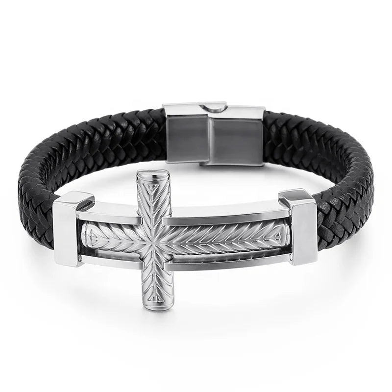 New Fashion Punk Cross Jewelry Men's Stainless Steel Creative Woven Leather Bracelet