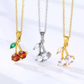 Trendy 18k Gold Cherry Pendant Necklace Crystal Zircon Fruit Jewelry Stainless Steel Cherry Necklace for Women