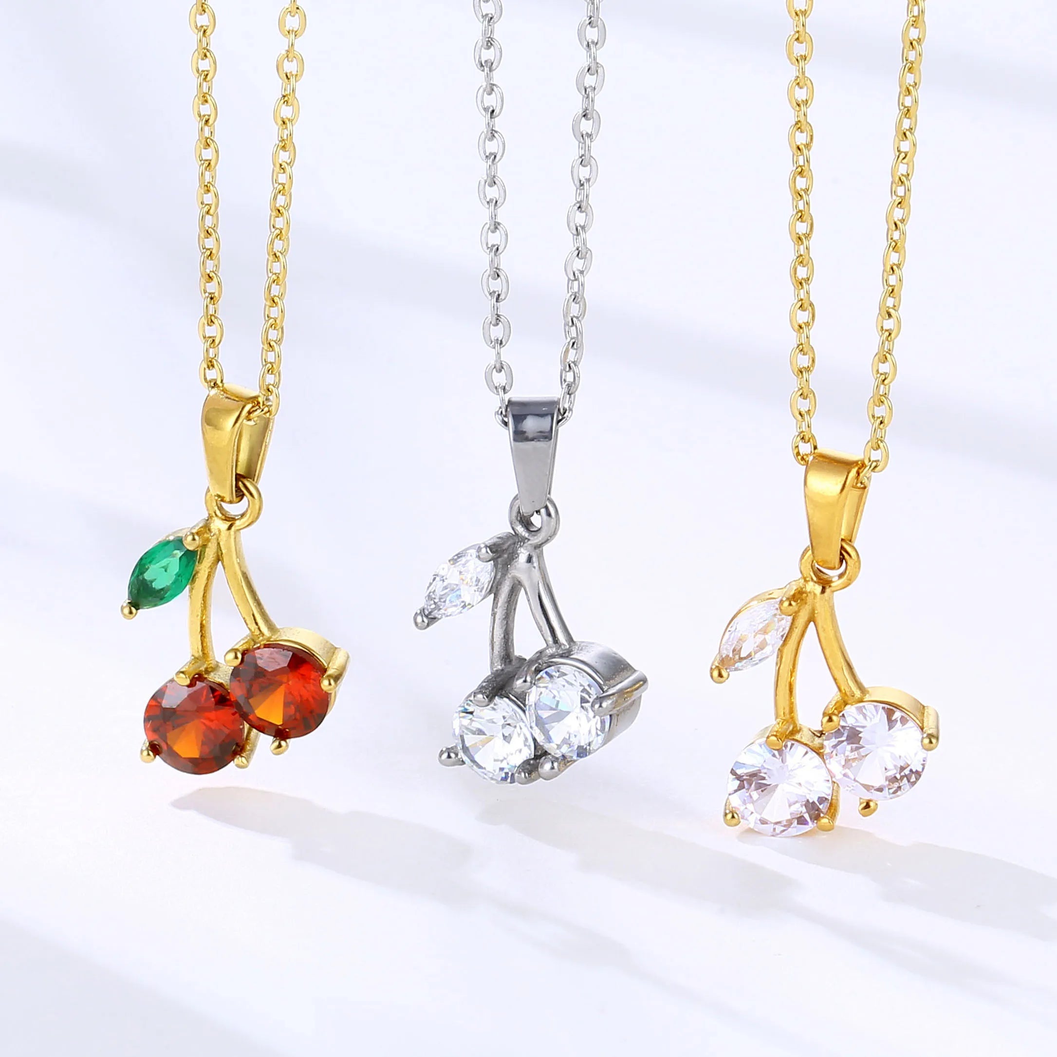 Trendy 18k Gold Cherry Pendant Necklace Crystal Zircon Fruit Jewelry Stainless Steel Cherry Necklace for Women
