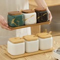 Nordic Luxury Marble Ceramic Kitchen Salt Sugar Pepper Seasoning Jar Spice Jar Set with bamboo Lid Spoon and Tray